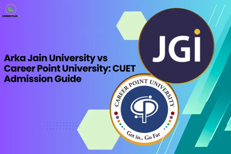 This banner follows the established Career Plan B visual theme with a smooth purple-to-teal gradient background, soft hexagonal design elements, and a clean academic layout. The headline reads, “Arka Jain University vs Career Point University: CUET Admission Guide,” clearly positioning the content as a comparative admission resource for students exploring CUET-based university options. On the right side, two circular logo visuals are prominently displayed. The upper circle features the JGI logo, representing Arka Jain University under the JGI (Jain Group of Institutions) umbrella. Below it, the Career Point University logo appears with its emblem and tagline, “Get in.. Go Far,” symbolizing academic progression and structured career pathways. The dual-logo layout visually reinforces the comparison format of the article. At the top-left corner, the Career Plan B logo with its green bird icon maintains brand consistency, representing strategic academic planning, informed decision-making, and guided admission support for CUET aspirants. The overall composition communicates clarity, credibility, and side-by-side institutional evaluation.