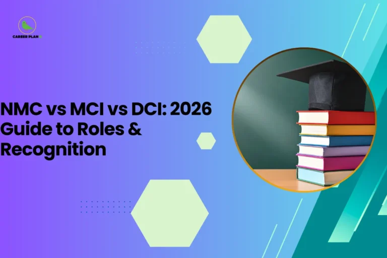 This banner follows the established Career Plan B visual theme with a smooth purple-to-teal gradient background, complemented by soft hexagonal accents that create a clean, modern academic aesthetic. The headline reads, “NMC vs MCI vs DCI: 2026 Guide to Roles & Recognition,” clearly positioning the content as an informative and comparative guide about medical and dental regulatory bodies. On the right side, inside a circular frame, the image features a stack of colorful books topped with a graduation cap. This visual symbolically represents higher education, professional regulation, accreditation, and academic authority—perfectly aligning with the topic of governing bodies like NMC, MCI, and DCI and their role in recognition and standards. At the top-left corner, the Career Plan B logo with its green bird icon reinforces the brand identity of structured guidance, clarity in complex academic topics, and strategic career planning. The overall design communicates credibility, authority, and clarity for students seeking accurate information about medical education governance in 2026.