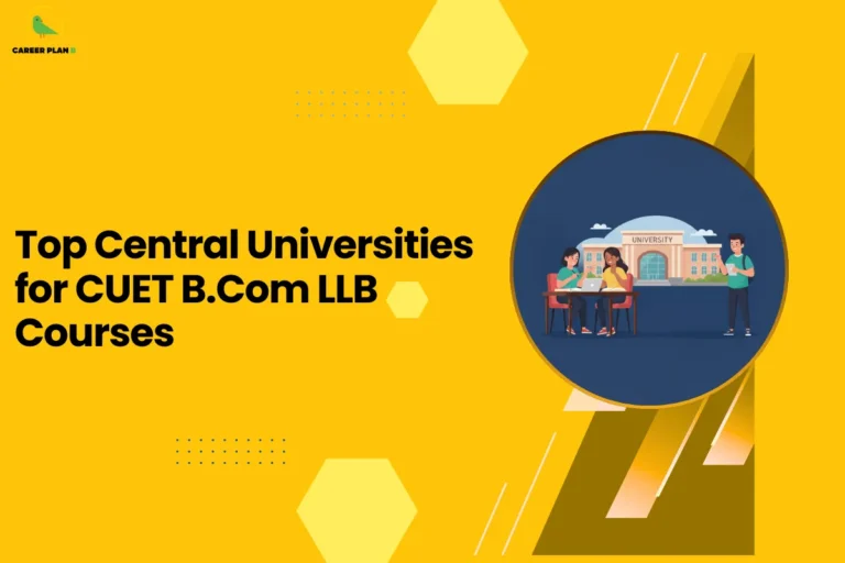 this image contains a yellow educational graphic with text “Top Central Universities for CUET B.Com LLB Courses,” Career Plan logo top left, and a circular illustration of students studying at a table in front of a university building representing law and commerce course guidance