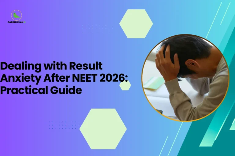 This banner features a modern gradient design transitioning from purple on the left to teal on the right, aligned with the Career Plan B visual identity. The layout incorporates geometric hexagonal accents, subtle dotted patterns, and diagonal graphic streaks that add depth and structure. The composition is clean and left-aligned, with bold typography balanced by a circular visual frame on the right. The headline reads, “Dealing with Result Anxiety After NEET 2026: Practical Guide,” clearly presenting the content as a supportive and solution-oriented resource for NEET aspirants. The topic focuses on managing post-exam stress, emotional uncertainty, and result-related anxiety through practical coping strategies and informed guidance. On the right side, a circular frame shows a student seated with head in hands, symbolizing stress, worry, and emotional pressure often experienced after competitive examinations. This visual effectively represents the psychological aspect of result anticipation and reinforces the need for structured emotional support and actionable advice. At the top-left corner, the Career Plan B logo with its green bird icon maintains brand consistency and reflects structured planning and informed decision-making. The overall design communicates reassurance, clarity, and guided support for students navigating post-NEET 2026 result anxiety