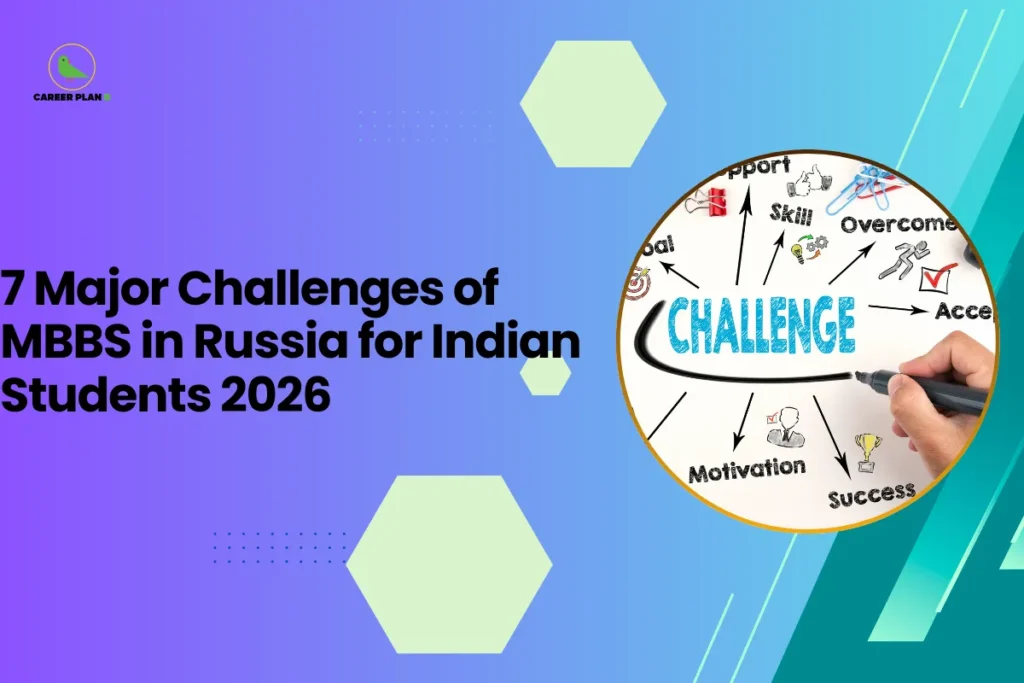 This banner features a modern gradient background transitioning from purple on the left to teal on the right, aligned with the Career Plan B visual style. The layout incorporates geometric hexagonal accents, subtle dotted elements, and diagonal graphic streaks that add depth and a structured academic feel. The headline is bold and left-aligned, balanced by a circular visual frame on the right. The headline reads, “7 Major Challenges of MBBS in Russia for Indian Students 2026,” clearly positioning the content as an analytical and guidance-oriented resource for Indian medical aspirants considering MBBS studies in Russia. The topic focuses on highlighting key academic, cultural, regulatory, and career-related challenges that students may face in 2026. On the right side, a circular frame displays the word “CHALLENGE” at the center, surrounded by arrows pointing toward related concepts such as support, skill, overcome, motivation, access, and success, with a hand marking the board. This visual symbolically represents obstacles, strategic problem-solving, and goal-oriented planning, reinforcing the article’s practical and advisory tone. At the top-left corner, the Career Plan B logo with its green bird icon maintains brand consistency and reflects structured career planning and informed decision-making. The overall design communicates awareness, preparation, and strategic guidance for students evaluating MBBS options abroad.