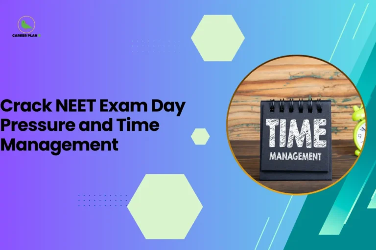 This banner features a modern gradient background transitioning from purple on the left to teal on the right, maintaining the consistent Career Plan B visual identity. The layout incorporates geometric hexagonal accents, subtle dotted patterns, and diagonal graphic streaks that add structure and depth. The headline is bold and left-aligned, balanced by a circular visual frame on the right. The headline reads, “Crack NEET Exam Day Pressure and Time Management,” clearly positioning the content as a strategic preparation guide for NEET aspirants. The topic focuses on handling exam-day stress effectively while mastering time allocation techniques to maximize performance during the examination. On the right side, a circular frame displays a desk calendar-style notebook with the words “TIME MANAGEMENT” written prominently, placed against a wooden background with a small clock visible. This visual symbolizes structured planning, disciplined time control, and strategic execution under pressure, reinforcing the practical and performance-oriented nature of the guidance. At the top-left corner, the Career Plan B logo with its green bird icon ensures brand consistency and reflects structured career planning and informed academic decision-making. The overall design communicates confidence, control, and focused preparation for NEET exam success.