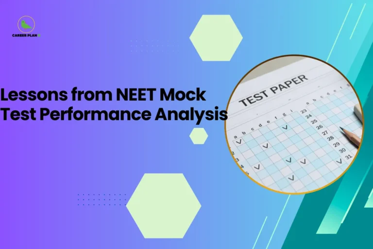 This banner features a modern gradient background transitioning from purple on the left to teal on the right, consistent with the Career Plan B visual identity. The layout incorporates geometric hexagonal accents, subtle dotted elements, and diagonal graphic streaks that create a structured and contemporary academic design. The headline is bold and left-aligned, balanced by a circular visual frame on the right. The headline reads, “Lessons from NEET Mock Test Performance Analysis,” clearly positioning the content as an analytical and strategy-focused guide for NEET aspirants. The topic emphasizes extracting meaningful insights from mock test results to identify strengths, correct weaknesses, and refine preparation strategies. On the right side, a circular frame displays a test paper answer sheet with check marks and a pencil marking responses. This visual symbolizes performance evaluation, accuracy assessment, and data-driven improvement, reinforcing the theme of systematic mock test analysis and continuous progress. At the top-left corner, the Career Plan B logo with its green bird icon ensures brand consistency and reflects structured academic planning and informed decision-making. The overall design communicates clarity, assessment-driven learning, and strategic refinement for NEET exam preparation.