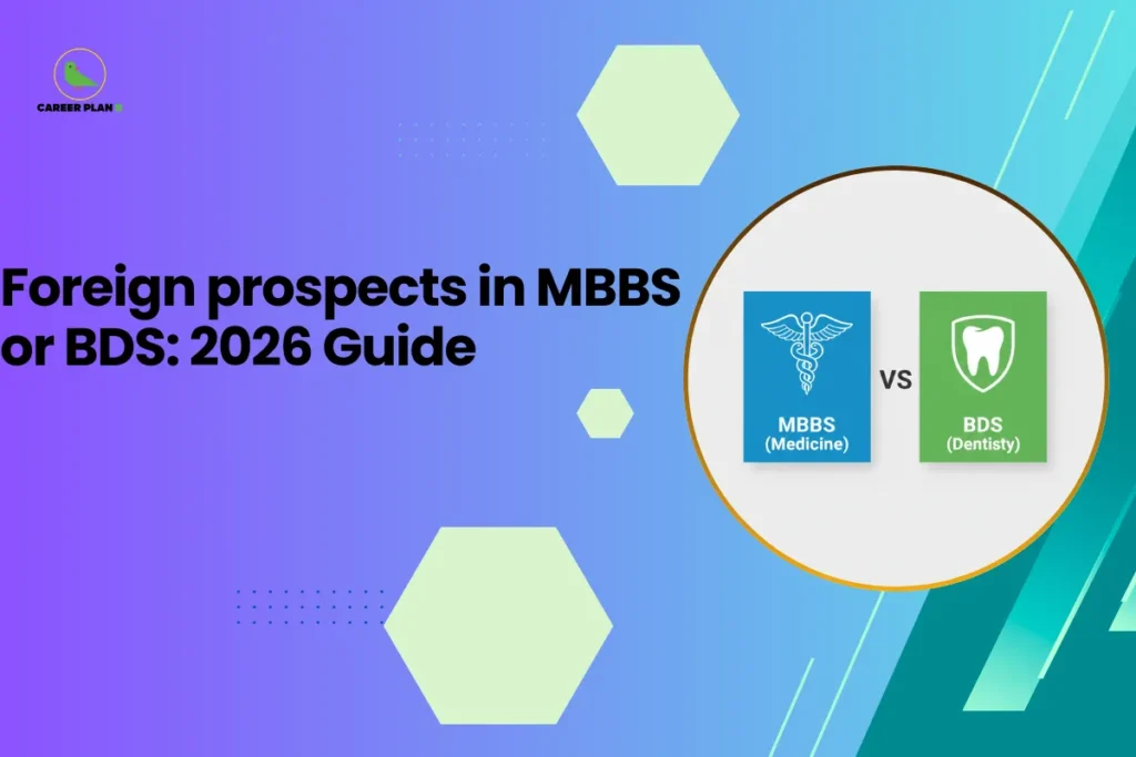 this image contains a blue-to-green gradient educational graphic with text “Foreign prospects in MBBS or BDS: 2026 Guide,” Career Plan logo top left, and a circular comparison showing MBBS (Medicine) with caduceus icon vs BDS (Dentistry) with tooth icon for healthcare career guidance