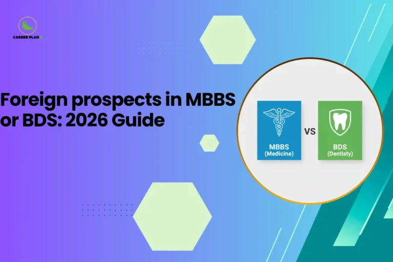 this image contains a blue-to-green gradient educational graphic with text “Foreign prospects in MBBS or BDS: 2026 Guide,” Career Plan logo top left, and a circular comparison showing MBBS (Medicine) with caduceus icon vs BDS (Dentistry) with tooth icon for healthcare career guidance