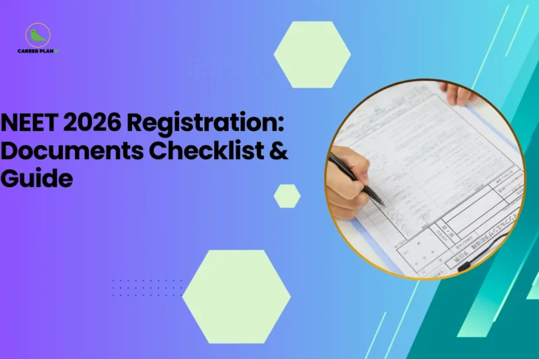 this image contains a blue-to-green gradient educational graphic with text “NEET 2026 Registration: Documents Checklist & Guide,” Career Plan logo top left, and a circular photo of a person filling out a form with a pen representing exam registration guidance