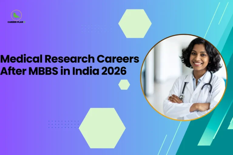 this image contains a blue-to-green gradient educational graphic with text “Medical Research Careers After MBBS in India 2026,” Career Plan logo top left, and a circular photo of a smiling female doctor in a white coat with stethoscope representing healthcare career guidance