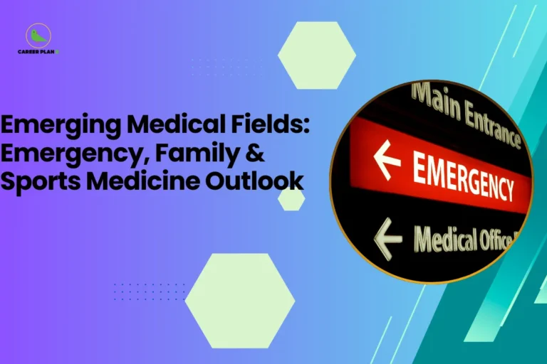 this image contains a blue-to-green gradient educational graphic with text “Emerging Medical Fields: Emergency, Family & Sports Medicine Outlook,” Career Plan logo top left, and a circular photo of a hospital sign reading “EMERGENCY” with directional arrows representing healthcare career pathways
