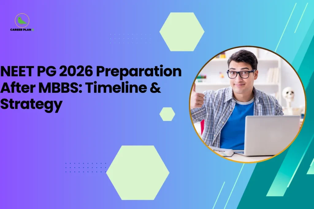 this image contains a blue-to-green gradient educational graphic with text “NEET PG 2026 Preparation After MBBS: Timeline & Strategy,” Career Plan logo top left, and a circular photo of a student giving a thumbs up while using a laptop representing exam preparation guidance