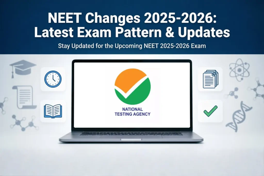 A banner about NEET PG latest updates showing a laptop placed in the center with the National Testing Agency (NTA) logo displayed on its screen, while the top of the image contains the heading about exam pattern changes and updates for 2025–2026, surrounded by icons like a book, clock, documents, and science symbols representing medical exam preparation