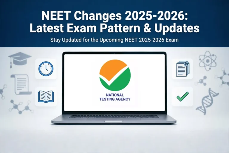 A banner about NEET PG latest updates showing a laptop placed in the center with the National Testing Agency (NTA) logo displayed on its screen, while the top of the image contains the heading about exam pattern changes and updates for 2025–2026, surrounded by icons like a book, clock, documents, and science symbols representing medical exam preparation