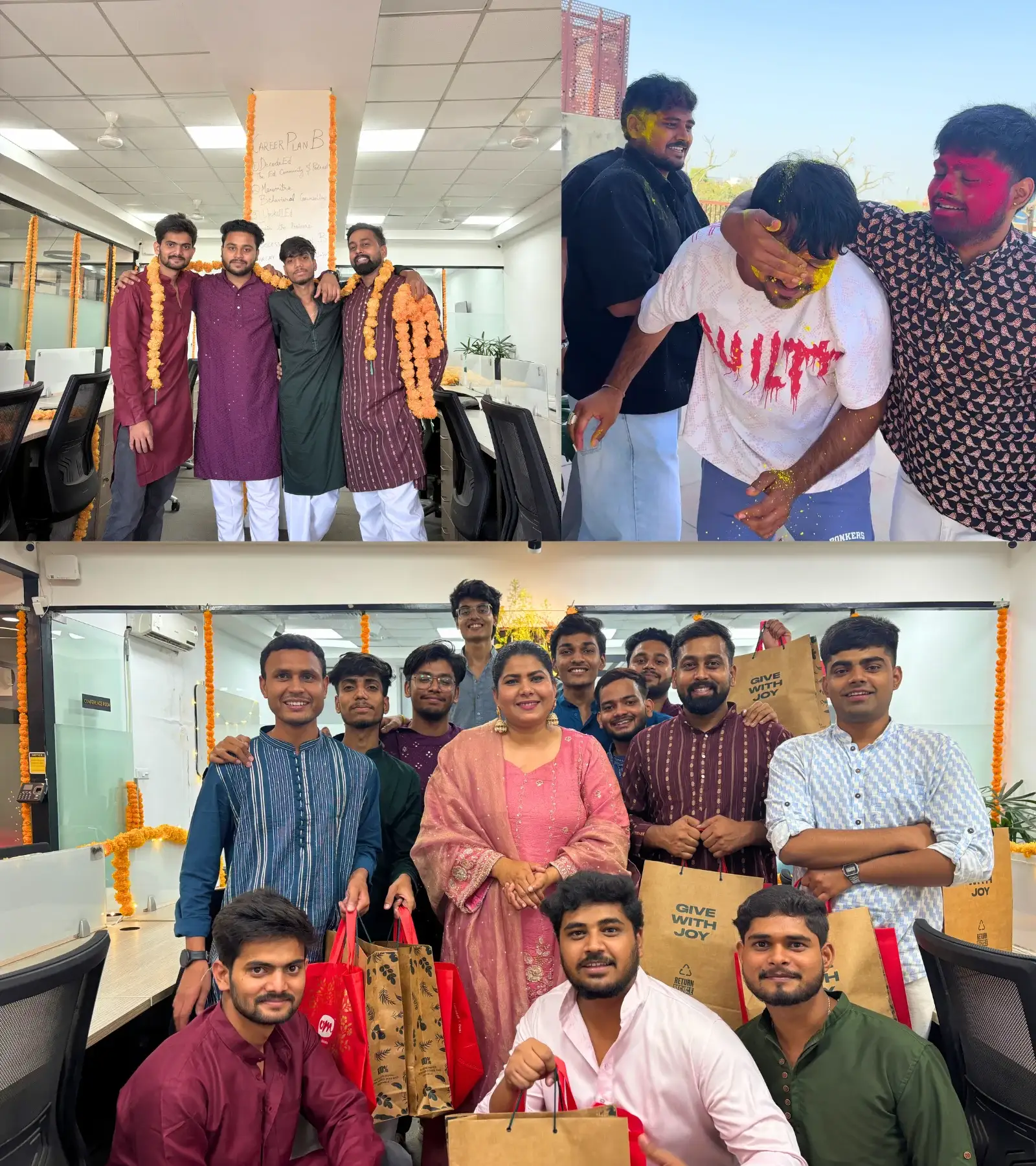 ConferenceCollage of Career Plan B team celebrating with gifts in the office and playing with colors during a festive event. hall