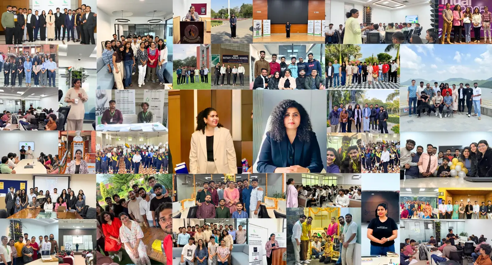 Photo collage of Career Plan B seminars, student workshops, team celebrations, and campus visits at various institutions.