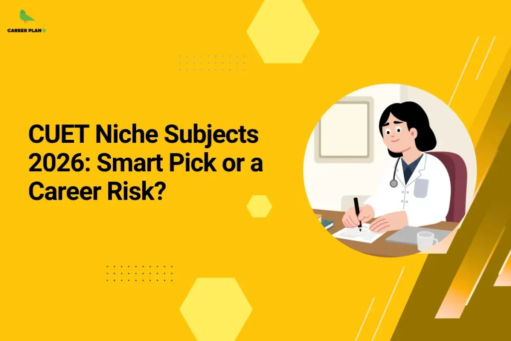 This image contains a bright yellow background with subtle geometric shapes and dotted patterns, giving it a clean and modern appearance. In the top left corner, there is the “CAREER PLAN B” logo featuring a green bird inside a yellow circle with the text “CAREER PLAN B,” where “CAREER PLAN” is in black and “B” is in green. Across the center-left section, bold black text reads “CUET Niche Subjects 2026: Smart Pick or a Career Risk?” On the right side, there is an illustration of a medical professional sitting at a desk and writing, symbolizing specialized or niche career paths and decision-making related to subject selection.