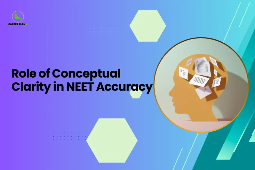 This banner uses a modern purple-to-teal gradient background consistent with the Career Plan B design style. The layout combines geometric hexagonal shapes, dotted patterns, and diagonal accent lines to create a structured and visually engaging academic theme. The headline is placed on the left in bold typography, while a circular image element on the right balances the composition. The headline reads, “Role of Conceptual Clarity in NEET Accuracy.” The topic focuses on how a strong understanding of core concepts helps students improve accuracy in NEET examinations. Instead of relying on memorization alone, the banner emphasizes the importance of clear fundamentals in subjects like Physics, Chemistry, and Biology to reduce mistakes and improve problem-solving speed. On the right side, the circular image shows a human head silhouette filled with scattered notes and papers. This visual represents the process of organizing knowledge, understanding concepts, and structuring thoughts effectively during exam preparation. It symbolizes how conceptual clarity helps students manage complex information and answer questions accurately. The Career Plan B logo appears at the top-left corner, maintaining brand identity and reinforcing the educational guidance theme. Overall, the design communicates the importance of strong conceptual foundations as a key strategy for achieving better accuracy and performance in competitive exams like NEET.