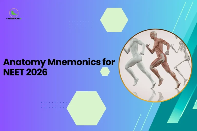 This banner follows the same modern Career Plan B visual style with a purple-to-teal gradient background that creates a clean academic look. The design includes geometric hexagonal elements, dotted patterns, and diagonal accents that add structure and visual depth while maintaining a professional educational theme. The headline on the left reads “Anatomy Mnemonics for NEET 2026.” The topic focuses on helping NEET aspirants remember complex anatomical structures using memory techniques. Anatomy often involves remembering multiple muscles, bones, nerves, and physiological relationships, so mnemonics provide an effective way to simplify and retain large amounts of biological information. On the right side, the circular visual shows three stages of the human body while running: a plain body model, a muscular anatomy model, and a skeletal structure. This layered representation highlights the different anatomical systems students must study for NEET—muscles, bones, and body structure—making it visually relevant to the topic of anatomy learning and memorization. The Career Plan B logo appears in the top-left corner, reinforcing the brand identity and its focus on educational guidance and exam preparation. Overall, the banner communicates that the content will provide practical mnemonic techniques to help students remember anatomy concepts more efficiently for NEET 2026 preparation.