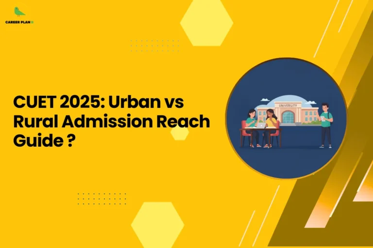 This banner features a bright yellow background, giving it a bold and energetic academic look while maintaining the recognizable Career Plan B visual style. The design includes geometric hexagonal shapes, dotted patterns, and diagonal graphic accents that add depth and structure to the layout. The headline is placed prominently on the left, while a circular illustration on the right balances the composition. The headline reads “CUET 2025: Urban vs Rural Admission Reach Guide.” The topic focuses on analyzing how the CUET examination impacts students from urban and rural areas differently in terms of awareness, accessibility, and admission opportunities. It likely explores factors such as access to internet resources, coaching facilities, exam centers, and information about university admissions. On the right side, the circular illustration shows students sitting with laptops in front of a university building, representing the application and admission process. The image symbolizes students preparing for university entry and highlights the broader theme of access to higher education. The Career Plan B logo appears in the top-left corner, reinforcing brand identity and its mission of guiding students through college admissions and exam preparation. Overall, the banner visually communicates an informative guide that compares urban and rural access to CUET-based university admissions, helping students and educators understand the differences in opportunities and challenges.