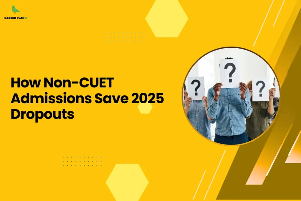 This banner uses a bright yellow background that creates a bold and attention-grabbing visual style while maintaining the consistent Career Plan B branding. The design includes geometric hexagonal shapes, dotted patterns, and diagonal graphic accents that give the layout a modern and structured academic appearance. The headline is positioned prominently on the left, while a circular image on the right balances the overall composition. The headline reads “How Non-CUET Admissions Save 2025 Dropouts.” The topic focuses on explaining how non-CUET admission pathways—such as direct admissions, institutional entrance tests, or merit-based selection by private universities—can provide opportunities for students who may not have performed well in CUET or who chose not to take the exam. These alternative admission routes can help prevent students from losing an academic year. On the right side, the circular image shows students holding sheets with question marks in front of their faces, symbolizing uncertainty and confusion faced by many applicants during the admission process. The image reflects the dilemma students experience when navigating different admission pathways and highlights the importance of alternative options. The Career Plan B logo appears in the top-left corner, reinforcing the brand’s role in guiding students through complex admission systems and helping them explore multiple educational pathways. Overall, the banner visually communicates a discussion about how non-CUET admissions can provide backup opportunities and reduce the risk of students dropping out or losing an academic year in 2025.