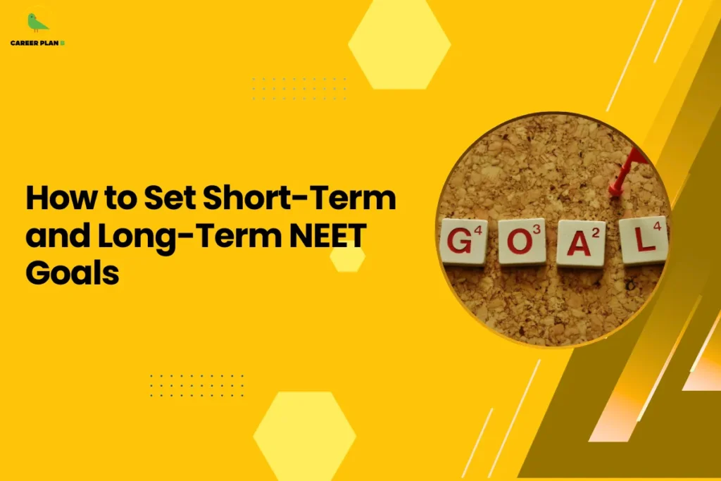 This banner follows the Career Plan B visual theme with a bright yellow background, geometric hexagon shapes, dotted accents, and diagonal graphic elements that create a modern and clean educational design. The Career Plan B logo appears in the top-left corner, reinforcing the brand identity and keeping the style consistent with the rest of the content series. The headline reads “How to Set Short-Term and Long-Term NEET Goals.” The topic focuses on helping students preparing for the National Eligibility cum Entrance Test (NEET) build a structured preparation strategy. It emphasizes the importance of dividing preparation into short-term goals (daily and weekly targets such as completing chapters, solving mock tests, and revising concepts) and long-term goals (achieving target scores, finishing the syllabus, and building exam confidence before the final exam). On the right side of the banner, the circular image shows letter tiles spelling “GOAL.” A red pushpin pointing to the tiles symbolizes planning, focus, and setting clear objectives. This visual element reflects the process of defining milestones and staying committed to a preparation roadmap. Overall, the graphic represents a goal-setting guide for NEET aspirants, encouraging students to create a balanced study plan that includes measurable short-term progress and long-term success strategies to improve performance and stay motivated throughout their preparation journey.