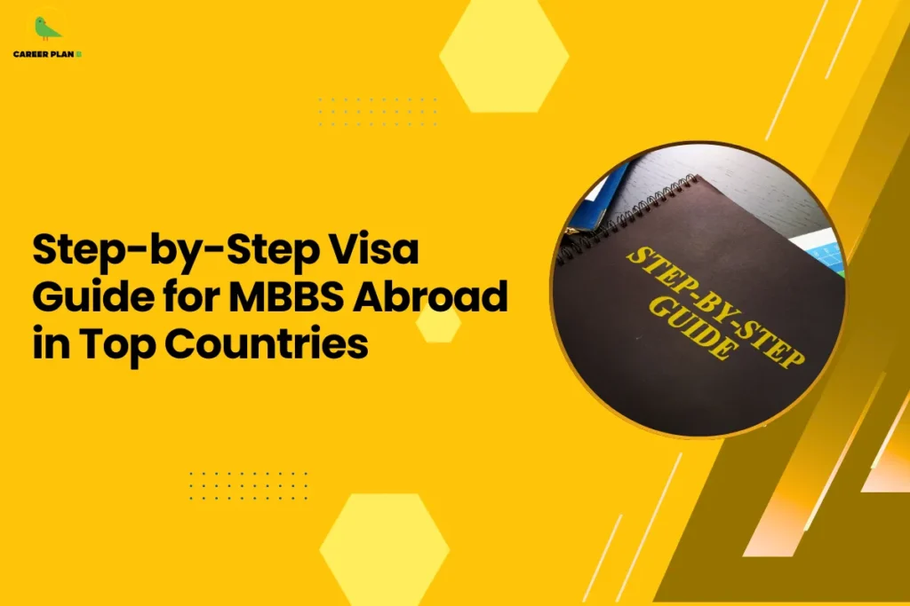 This banner follows the Career Plan B visual theme, featuring a bright yellow background with geometric hexagon shapes, dotted accents, and diagonal design elements that give the layout a clean and modern academic look. The Career Plan B logo appears in the top-left corner, maintaining consistent branding across the educational graphics. The headline reads “Step-by-Step Visa Guide for MBBS Abroad in Top Countries.” The topic focuses on helping students understand the visa process required to study medicine abroad. It is especially relevant for students planning to pursue the Bachelor of Medicine, Bachelor of Surgery (MBBS) outside India after qualifying the National Eligibility cum Entrance Test (NEET), which is often required for Indian students seeking medical education overseas. On the right side, the circular image shows a notebook with the words “STEP-BY-STEP GUIDE.” This visual reinforces the idea of a structured process and indicates that the article provides a clear, sequential explanation of the visa application procedure, including documentation, financial proof, medical checks, embassy interviews, and travel preparation. Overall, the graphic represents a practical guidance resource for students planning MBBS abroad, helping them understand the visa process for popular study destinations and ensuring they complete each step correctly before starting their medical education overseas.