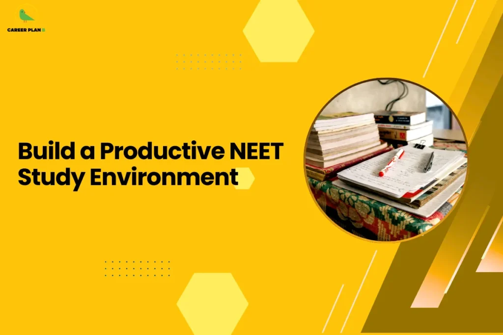 This banner follows the Career Plan B visual design style, using a bright yellow background combined with hexagonal shapes, dotted accents, and diagonal elements that create a clean and modern educational layout. The Career Plan B logo appears in the top-left corner, maintaining consistent branding across the platform’s guidance graphics. The headline reads “Build a Productive NEET Study Environment.” The topic focuses on helping students create an effective and distraction-free study setup while preparing for the National Eligibility cum Entrance Test (NEET). A productive study environment can significantly improve concentration, consistency, and learning efficiency during long preparation periods. On the right side, the circular image shows a study desk with books, notebooks, and a pen, symbolizing organized learning and focused preparation. The visual highlights the importance of maintaining a dedicated study space with proper materials, good lighting, and minimal distractions to support sustained academic effort. Overall, the graphic represents a study strategy guide for NEET aspirants, emphasizing how organizing a comfortable and structured study environment can improve focus, boost productivity, and help students maintain a consistent preparation routine throughout their exam journey.