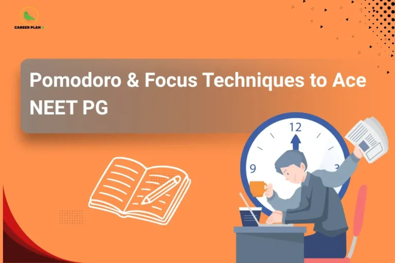 Banner titled “Pomodoro & Focus Techniques to Ace NEET PG” showing a student studying at a desk with a clock behind him, holding coffee and notes, alongside a notebook illustration, representing time management and focused study strategies for NEET PG preparation.