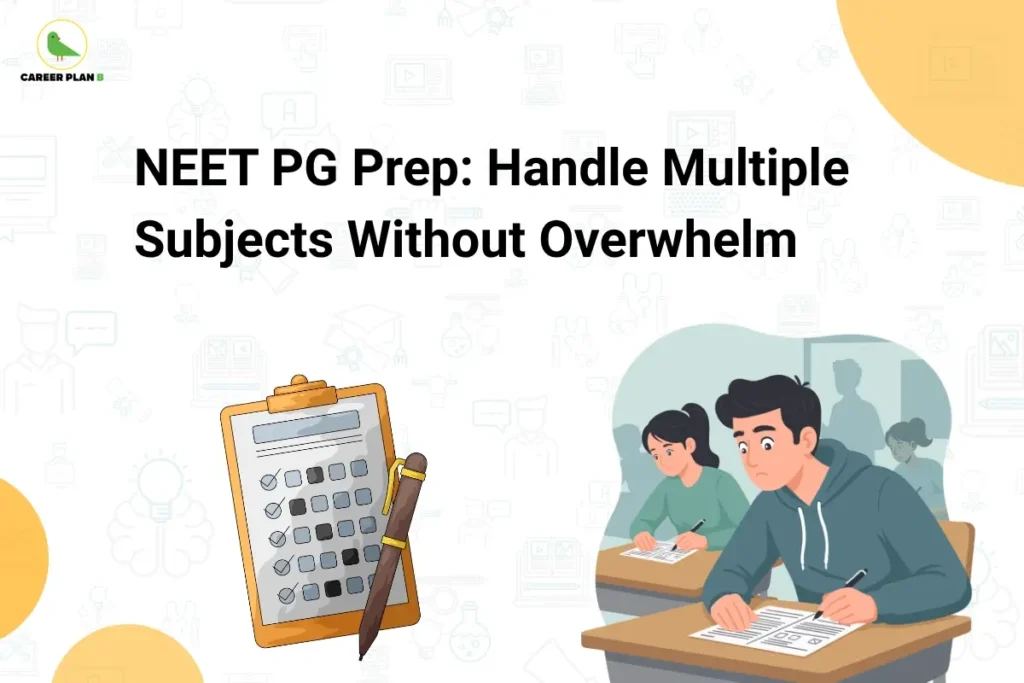 Banner titled “NEET PG Prep: Handle Multiple Subjects Without Overwhelm” featuring a student writing an exam with a focused expression alongside a checklist clipboard, symbolizing organized study planning and managing multiple subjects for NEET PG preparation.