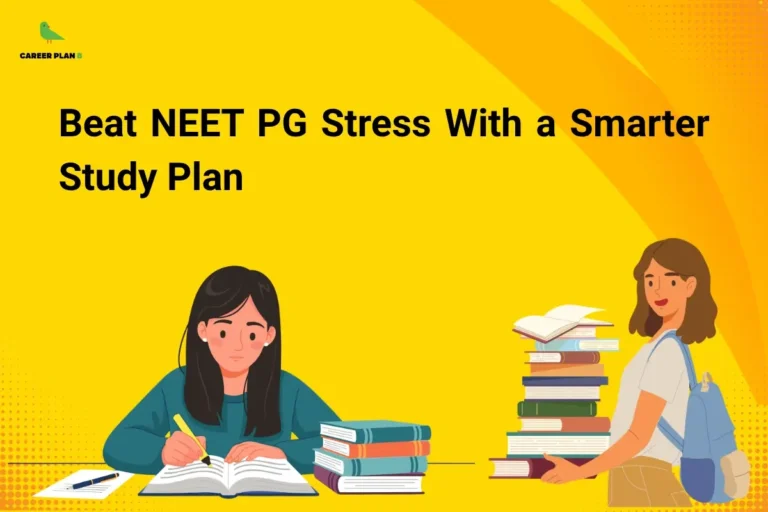 Banner titled “Beat NEET PG Stress With a Smarter Study Plan” showing a student studying with books on a desk and another student carrying a stack of books, representing effective study planning and stress management during NEET PG preparation.