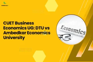 This banner follows the Career Plan B visual design style, featuring a bright yellow background with geometric hexagonal shapes, dotted accents, and diagonal graphic elements that create a modern academic layout. The Career Plan B logo appears in the top-left corner, maintaining consistent branding across educational guidance graphics. The headline reads “CUET Business Economics UG: DTU vs Ambedkar Economics University.” The topic focuses on comparing undergraduate business economics programs offered through the Common University Entrance Test (CUET) at Delhi Technological University and Dr. B. R. Ambedkar School of Economics University. The comparison centers on Business Economics, a field that combines economics, finance, and data analysis to prepare students for careers in corporate strategy, consulting, finance, and policy research. On the right side, the circular image shows the word “Economics” on a newspaper with eyeglasses placed beside it, symbolizing analytical thinking, financial awareness, and economic study. This visual highlights the academic focus on economic analysis and market understanding. Overall, the graphic represents a CUET university comparison guide for business economics aspirants, helping students evaluate factors such as curriculum design, faculty expertise, research opportunities, and career prospects when choosing between Delhi Technological University and Dr. B. R. Ambedkar School of Economics University.