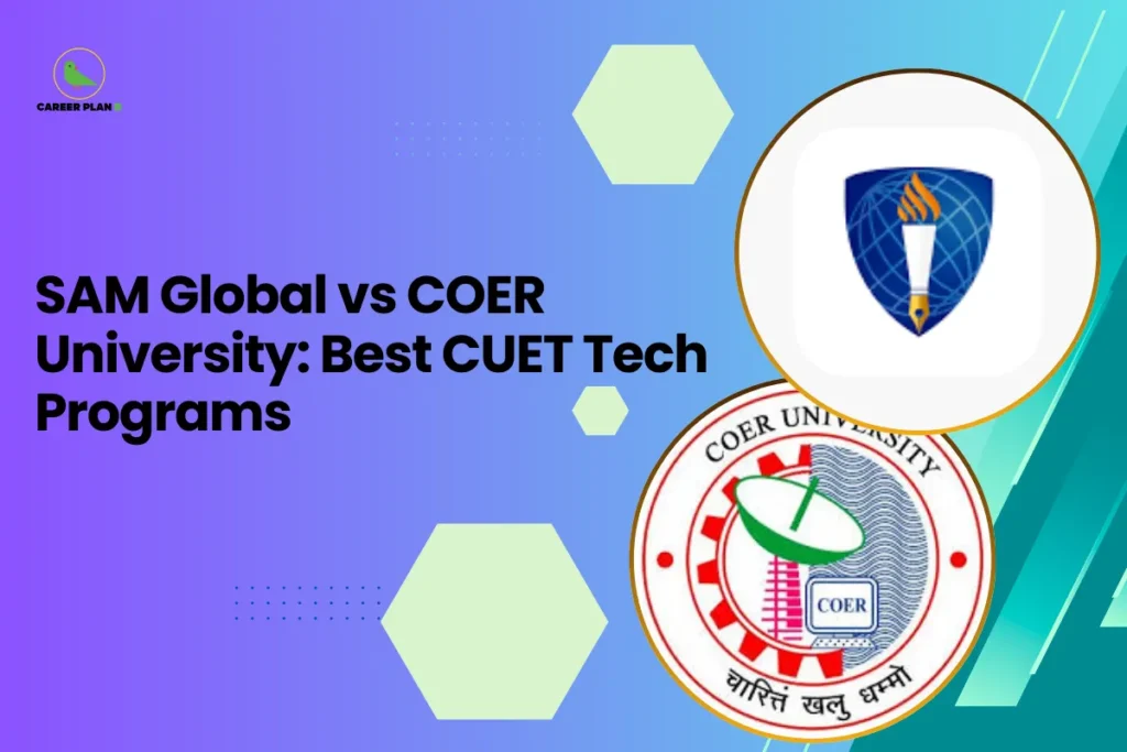 this image contains a blue-to-green gradient educational graphic with text “SAM Global vs COER University: Best CUET Tech Programs,” Career Plan logo top left, and circular logos of SAM Global University with a torch and globe emblem and COER University featuring a satellite dish, gear, and computer symbol representing engineering and technology education comparison