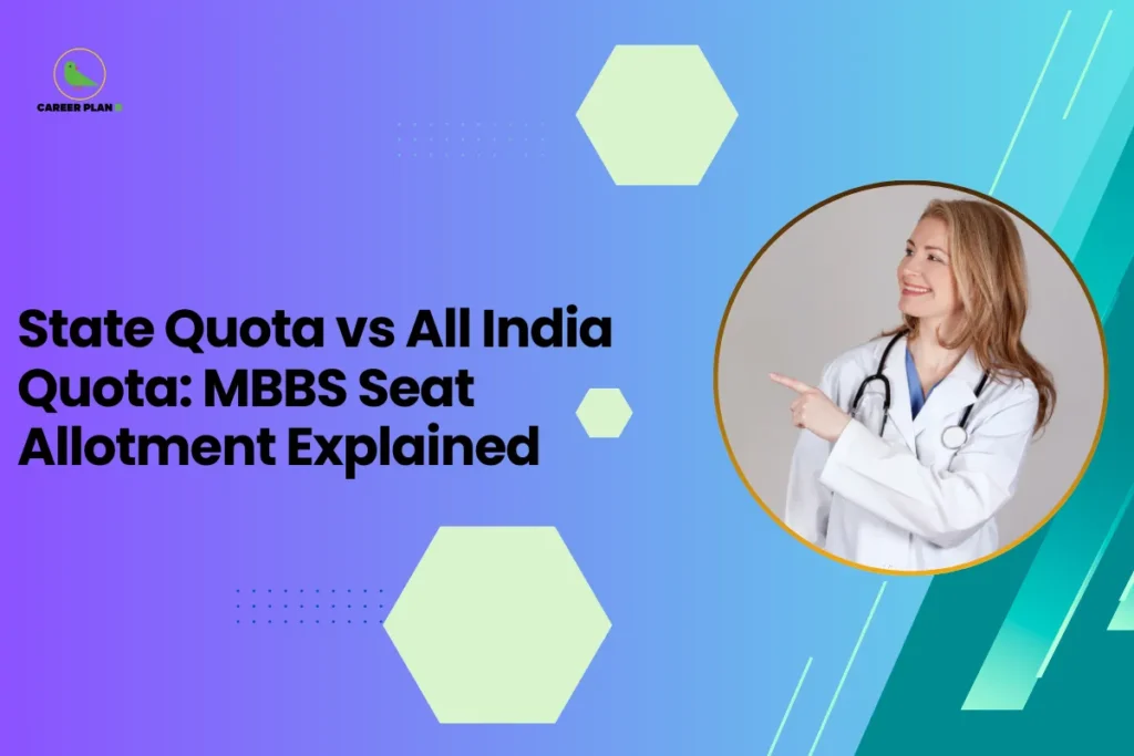 This image is an educational blog thumbnail with a blue-to-green gradient background and geometric hexagon elements. It features the Career Plan logo in the top left and the headline “State Quota vs All India Quota: MBBS Seat Allotment Explained.” On the right side, a smiling female doctor wearing a white coat and stethoscope is pointing toward the title, highlighting the topic of MBBS admission seat distribution between state quota and all-India quota.