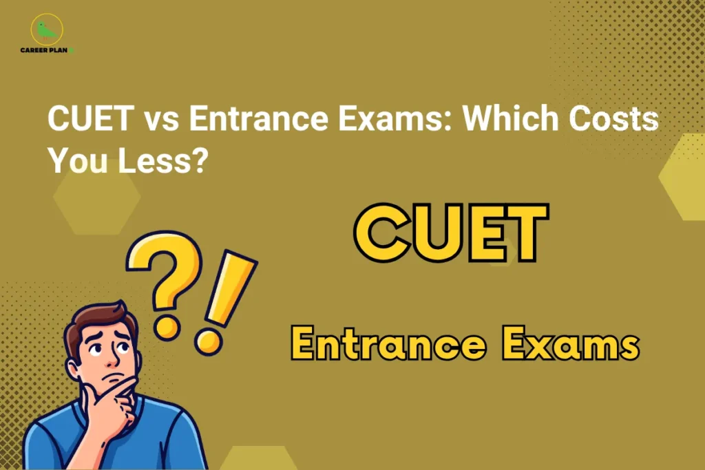 This image contains a brown-toned background with subtle dotted patterns and hexagonal shapes. In the top left corner, there is the “CAREER PLAN B” logo featuring a green bird inside a yellow circle with black text and a green “B.” Across the upper-middle section, bold white text reads “CUET vs Entrance Exams: Which Costs You Less?” On the right side, the words “CUET” and “Entrance Exams” are displayed prominently in large yellow text with a black outline, highlighting the comparison. On the left side, there is an illustration of a confused person with question and exclamation marks above their head, representing decision-making and cost comparison between exam options.