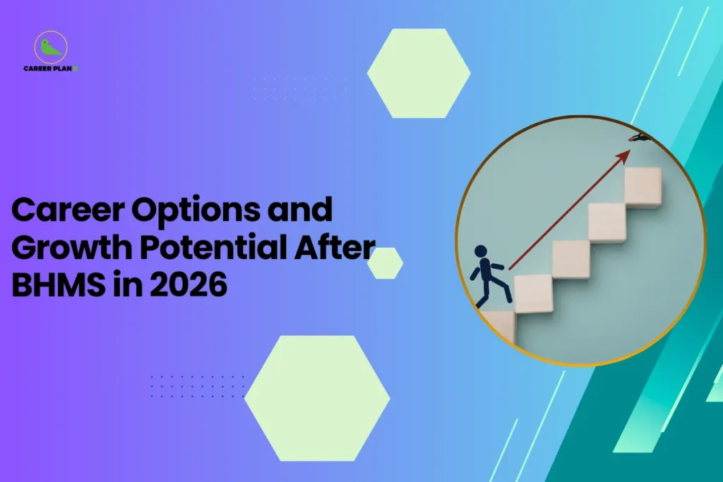 This image is an educational blog thumbnail with a blue-to-green gradient background and hexagonal design elements. The Career Plan logo appears in the top left corner. The title reads “Career Options and Growth Potential After BHMS in 2026.” On the right side, a circular graphic shows a staircase with a small human figure climbing upward while an arrow points toward the top, symbolizing career growth, advancement, and opportunities after completing a BHMS degree.