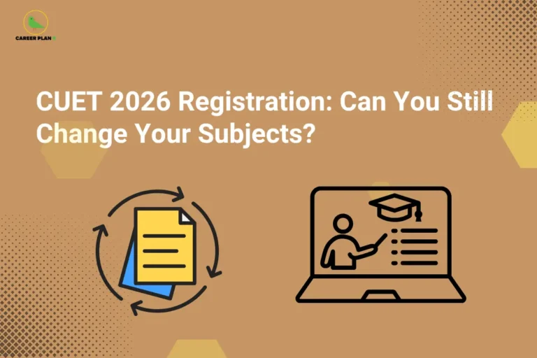 Banner titled “CUET 2026 Registration: Can You Still Change Your Subjects?” featuring icons of a document with circular arrows and an online learning screen, representing subject modification options and the registration process for CUET 2026.