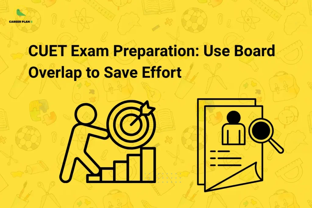 Banner titled “CUET Exam Preparation: Use Board Overlap to Save Effort” featuring icons of a person reaching a target on steps and a document with a magnifying glass, representing efficient preparation by aligning board exam syllabus with CUET topics.