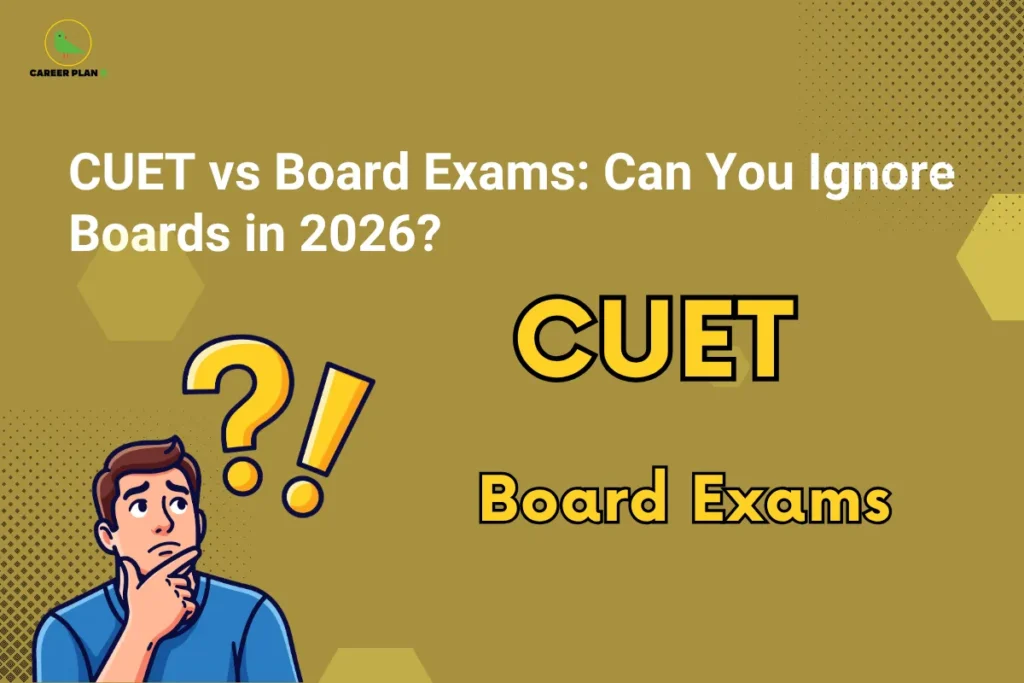 This image contains a brown-toned background with subtle dotted patterns and hexagonal shapes. In the top left corner, there is the “CAREER PLAN B” logo featuring a green bird inside a yellow circle with black text and a green “B.” Across the upper-middle section, bold white text reads “CUET vs Board Exams: Can You Ignore Boards in 2026?” On the right side, the words “CUET” and “Board Exams” are displayed prominently in large yellow text with a black outline, emphasizing the comparison. On the left side, there is an illustration of a confused person with question and exclamation marks above their head, representing uncertainty and decision-making between CUET and board exams.