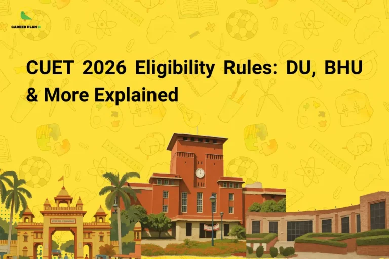 Banner titled “CUET 2026 Eligibility Rules: DU, BHU & More Explained” featuring illustrated campus buildings representing major universities, highlighting eligibility criteria and admission requirements for CUET 2026 across top institutions.