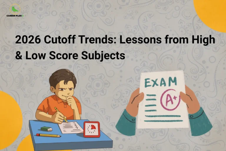 Banner titled “2026 Cutoff Trends: Lessons from High & Low Score Subjects” showing a student writing an exam with a clock and another image of a graded paper marked A+, representing score differences and insights into high-scoring vs low-scoring CUET subjects.