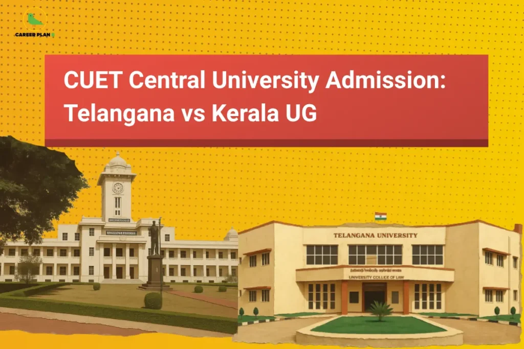 Career Plan B infographic titled "CUET Central University Admission: Telangana vs Kerala UG" featuring images of university campus buildings.
