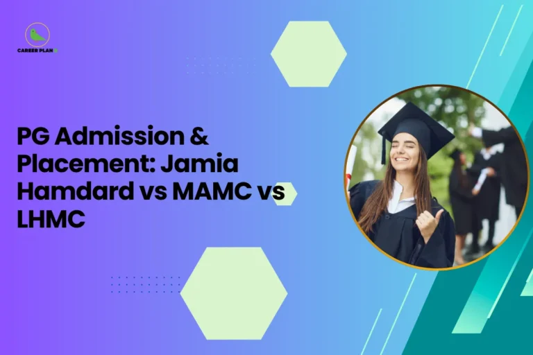 This image contains a blue-to-purple gradient background with light green hexagon shapes and small dotted design elements, the Career Plan B logo with a green bird icon and the text “CAREER PLAN B” in the top left corner, a large black headline on the left side reading “PG Admission & Placement: Jamia Hamdard vs MAMC vs LHMC”, and on the right side a circular image with a yellow border showing a smiling female graduate wearing a black graduation cap and gown holding a rolled diploma while other graduates in similar caps and gowns are blurred in the background outdoors with green trees, along with teal diagonal graphic stripes on the right side of the background.