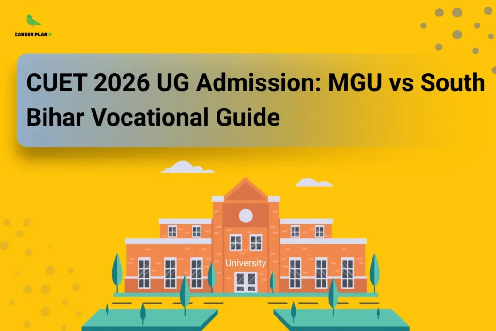 Career Plan B infographic titled "CUET 2026 UG Admission: MGU vs South Bihar Vocational Guide" with an illustration of a brick university building.