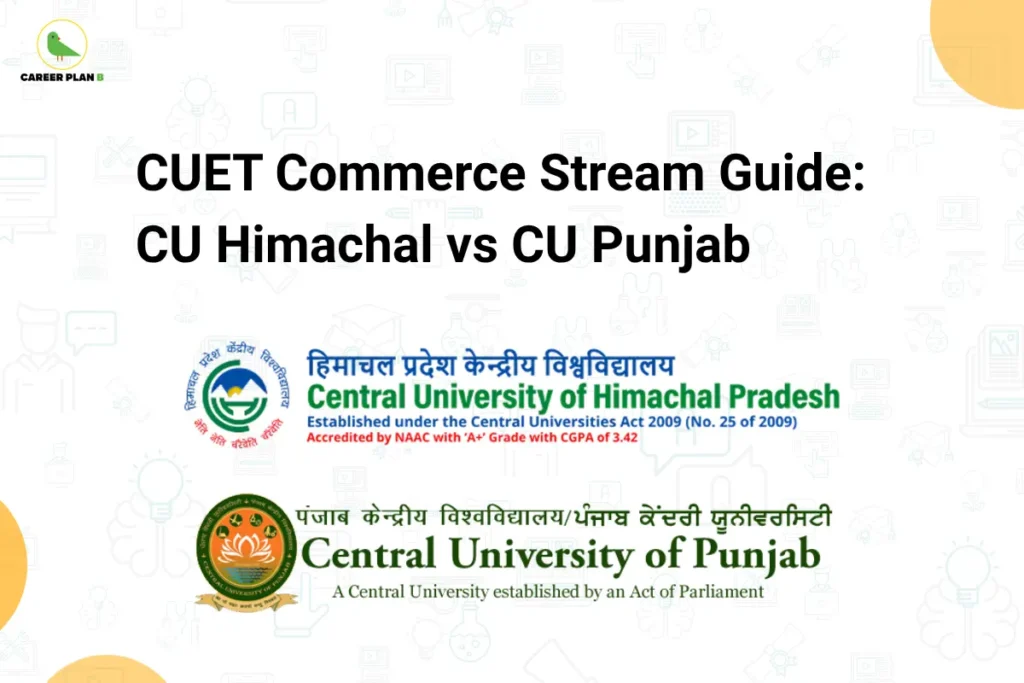 Career Plan B infographic titled "CUET Commerce Stream Guide: CU Himachal vs CU Punjab" featuring the logos of Central University of Himachal Pradesh and Central University of Punjab.