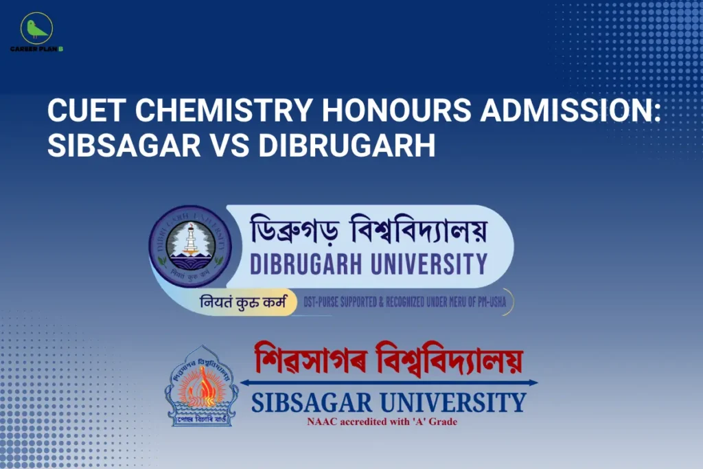 Career Plan B infographic titled "CUET Chemistry Honours Admission: Sibsagar vs Dibrugarh" featuring the official logos of Dibrugarh University and Sibsagar University.