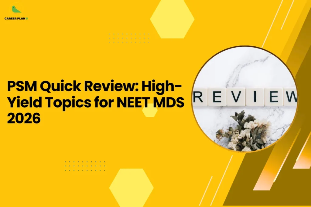 This image contains a bright yellow background with light yellow hexagon shapes and small dotted design elements, the Career Plan B logo with a green bird icon and the text “CAREER PLAN B” in the top left corner, a large bold black headline on the left side reading “PSM Quick Review: High-Yield Topics for NEET MDS 2026”, and on the right side a circular image with a yellow border showing white letter tiles spelling “REVIEW” placed on a light marble surface with dried flowers near the bottom, along with angled yellow and brown graphic shapes and thin white diagonal lines on the right side of the background.