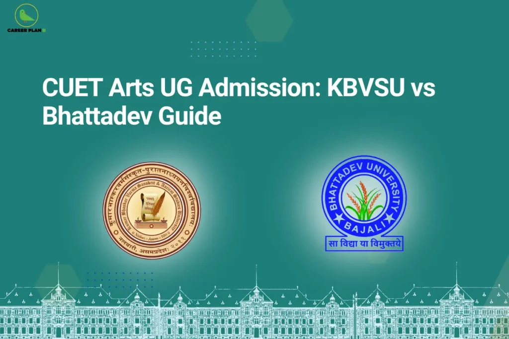 Career Plan B infographic titled "CUET Arts UG Admission: KBVSU vs Bhattadev Guide" featuring the official logos of Kumar Bhaskar Varma Sanskrit and Ancient Studies University and Bhattadev University.