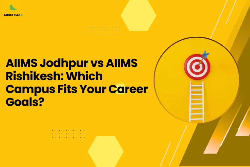 this image contains a yellow educational blog banner with hexagon design elements and the Career Plan logo in the top left. The headline text reads “AIIMS Jodhpur vs AIIMS Rishikesh: Which Campus Fits Your Career Goals?” On the right, a circular graphic shows a ladder leading up to a target board with an arrow hitting the center, symbolizing career goals, achievement, and choosing the right AIIMS campus for medical education.