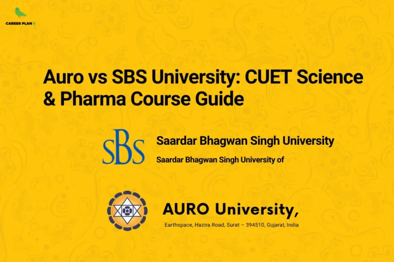 this image contains a yellow educational banner with the Career Plan B logo at the top left and the text “Auro vs SBS University: CUET Science & Pharma Course Guide,” along with logos and names of “Saardar Bhagwan Singh University” and “AURO University, Earthspace, Hazira Road, Surat – 394510, Gujarat, India,” representing CUET science and pharmacy course comparison and college selection.
