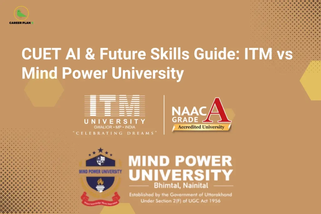 this image contains a brown educational banner with the Career Plan B logo at the top left and the text “CUET AI & Future Skills Guide: ITM vs Mind Power University,” along with logos of “ITM University Gwalior, M.P., India ‘Celebrating Dreams’,” a “NAAC A Grade Accredited University” badge, and “Mind Power University, Bhimtal, Nainital,” with establishment details, representing AI and future skills course comparison under CUET.