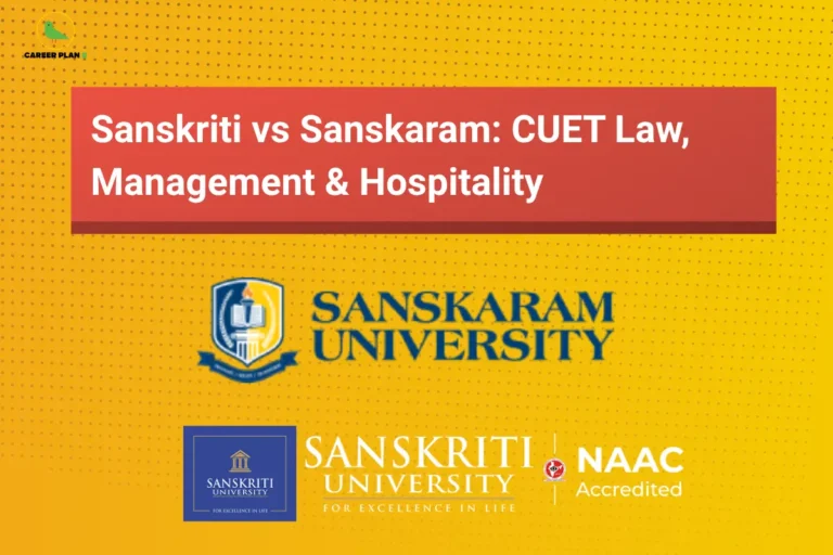 this image contains a yellow educational banner with the Career Plan B logo at the top left and the text “Sanskriti vs Sanskaram: CUET Law, Management & Hospitality” in a red box, along with logos of “Sanskaram University” and “Sanskriti University for Excellence in Life” with a “NAAC Accredited” badge, representing CUET course comparison for law, management, and hospitality programs.