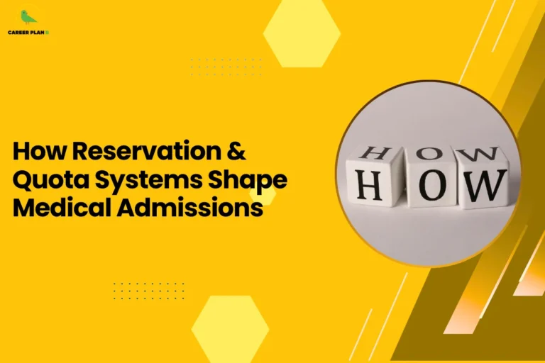 This image is an educational blog thumbnail with a yellow background and geometric hexagon design elements. The Career Plan logo appears in the top-left corner. The headline reads “How Reservation & Quota Systems Shape Medical Admissions.” On the right side, a circular graphic shows three blocks with the word “HOW” written on them, symbolizing explanation and analysis. The design represents a discussion about how reservation policies and quota systems influence medical college admissions in India.